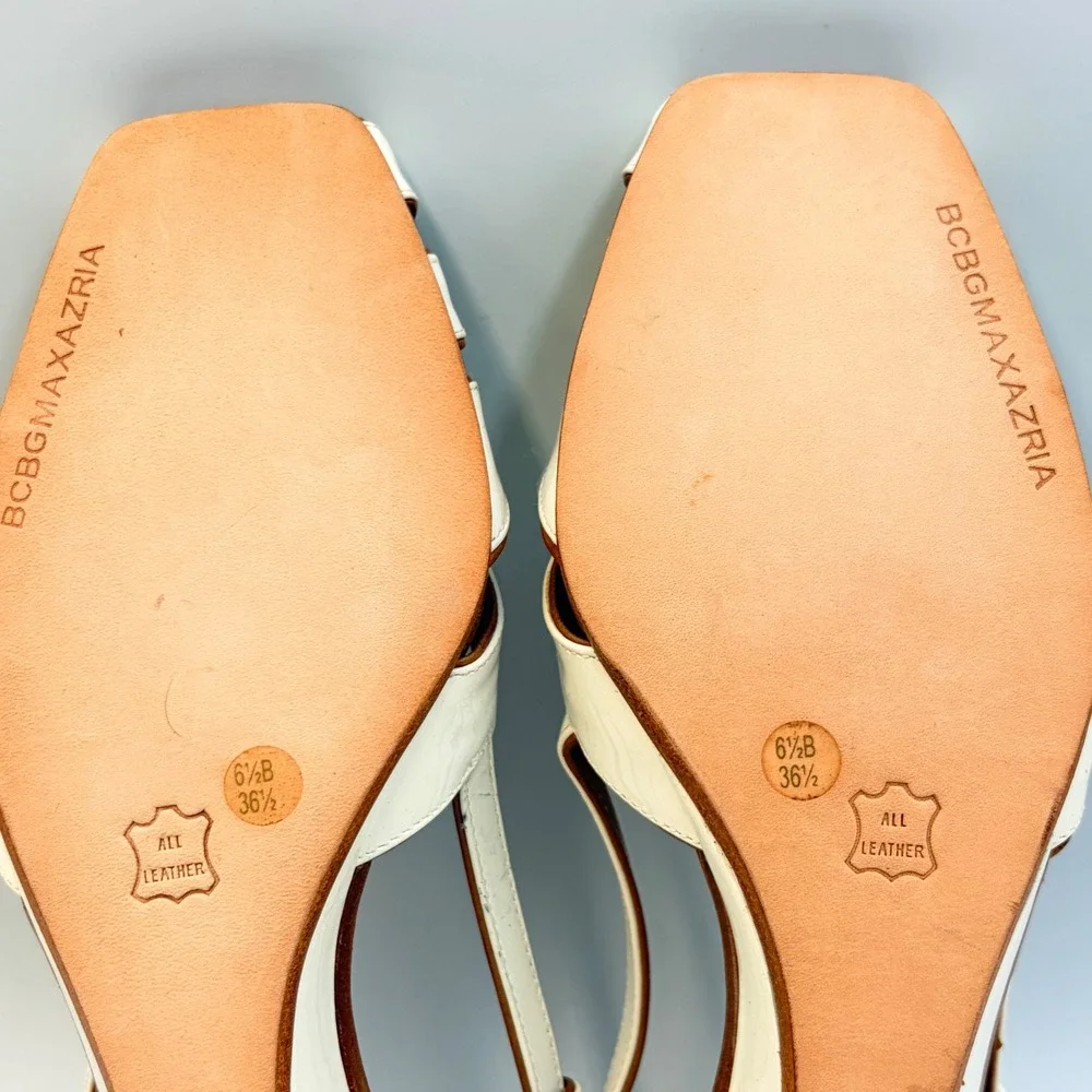 BCBG MAX AZRIA Cream Patent Leather Wedge Slingback Sandals 6.5B Chic Brazil